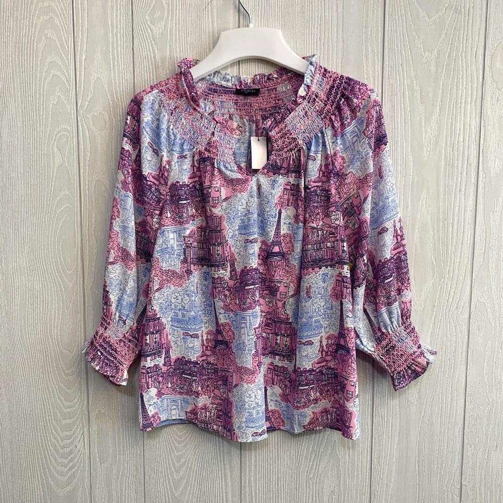 Talbots Petites Smocked 3/4 Sleeve Pink Blue Paris Top PS NWT